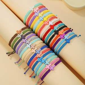 Hot Sale Simple Fashion Woven Wax <b>Rope</b> Adjustable Beach Surf Acrylic Cross <b>Bracelet</b> for Women Men - Product Image 1