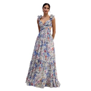 Vestido largo de noche con estampado floral, cuello en V, cintura natural, transpirable, para mujer. - Product Image 5