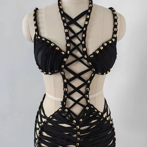 A11891 <span class=keywords><strong>Abito</strong></span> <span class=keywords><strong>Mini</strong></span> Bodycon da Donna in Chiffon Bianco con Dettagli Dorati, Vestito Sexy da Festa Lavorato all'Uncinetto - Product Image 3