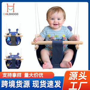 Columpio Colgante para Bebés, Asiento de Lona de Algodón Azul Denim con Barras de Madera, Columpio para Bebés de Uso Doméstico - Product Image 3