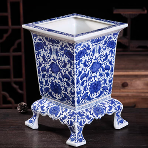Maceta de cerámica cuadrada azul y blanca china vintage, maceta de porcelana con pies con patrón Floral/Kylin para jardinería interior - Product Image 2