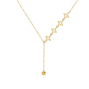 18K Gold Plated Stainless Steel Chain Link Four 4 Leaf Clover Y Lariat Form Necklace for Women