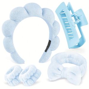 Ensemble de bandeaux en tissu éponge tressé effet nuage, bandeau en éponge à couronne haute avec sangle de poignet pour le lavage du visage, le maquillage, le spa, cadeau unisexe - Product Image 6