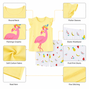 Ensemble 2 pièces personnalisé pour filles, débardeur et short, 100 % coton, imprimé flamant rose et fruits, tenue de plage, vente en gros, OEM, faible MOQ, boutique - Product Image 5