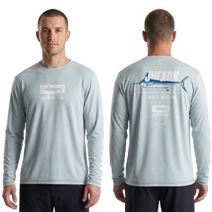 เสื้อตกปลาพิมพ์ลายพรางกันน้ำสีเทาอ่อนสไตล์มินิมอล แห้งเร็ว น้ำหนักเบา UPF50 สำหรับผู้ชาย แขนยาว - Product Image 1