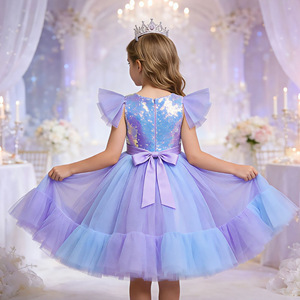 Robe de demoiselle d'honneur à paillettes pour filles, robe de princesse en tulle violet, coupe trapèze, pour spectacle de mariage - Product Image 1