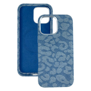 Funda para Teléfono de Mezclilla con Estampado de Leopardo Azul Lavado, con Marco Metálico para la Cámara y Forro Interior de Terciopelo Suave para iPhone 15 Pro Max - Product Image 1