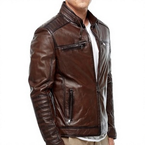 Veste Moto Décontractée Homme LONG MISSION INDUSTRY en Cuir Véritable Marron Respirant Col Montant Fermeture Éclair Coupe Droite Hiver - Product Image 3