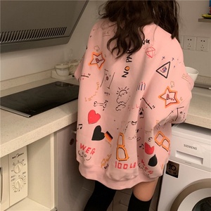 Sudaderas de punto forradas para mujer, tops holgados con estampado de grafiti, manga larga, moda urbana, sudaderas casuales de otoño e invierno - Product Image 3