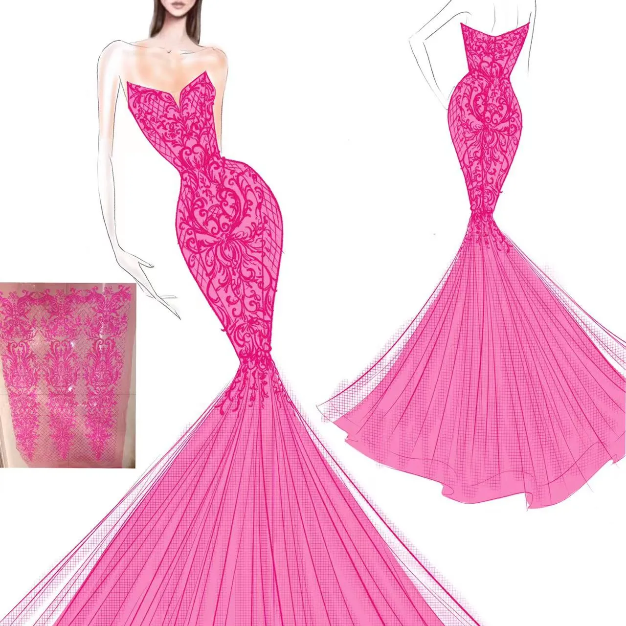 Hot pink sweetheart sequin pattern deep V zipper up back shiny glitter tulle mermaid trumpet style prom dress