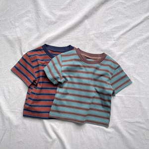 Kore tarzı 2025 INS stil yaz çizgili boyun kısa kollu T-Shirt bebekler için giysi saf pamuk rahat bebek gömlek - Product Image 6