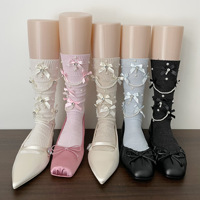 Chaussettes mi-mollet rétro pour femme, en maille de coton respirante, faites à la main, fines et amincissantes, avec nœud et chaîne de perles