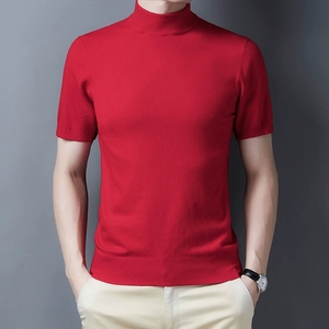 T-shirts d'été pour hommes en gros – Nouvelle mode, couleur unie, décontracté, col semi-montant, hauts tricotés à manches courtes, sous-vêtement pour hommes - Product Image 4