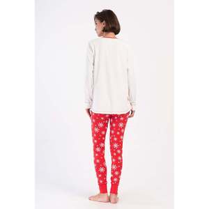 Conjunto de pijama de licra para mujer con cuello redondo, manga larga, pantalón corto y pantalón largo con puños - Blanco roto - Product Image 5