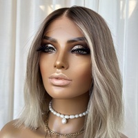Perruque Pixie Bob 13x4 HD Lace en Cheveux Humains Blond Cendré Balayage Racine Ombrée Densité 150% Lisse Courte pour l'Été