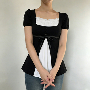 เสื้อยืดผู้หญิง คอปีเตอร์แพน แขนพอง แต่งระบาย ทรงเอไลน์ ผ้าถักสีบล็อก สไตล์ลำลองหวานๆ แฟชั่นทันสมัย - Product Image 6