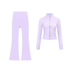 <span class=keywords><strong>2</strong></span> 件套女式瑜伽服立领金色拉链夹克喇叭裤修身透气运动服户外运动服 - Product Image 2