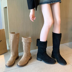 958-5 여성용 2-in-1 레트로 청키 힐 미드 카프 부츠 플러스 사이즈 41-45 스웨이드 슬립온 컴포트 슈즈 와이드 카프 부티 - Product Image 1