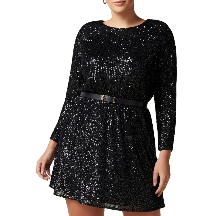 High Quality Fashion Plus size Batwing Sleeve Belt Glitter Gatsby Dress Sequin Party Evening Christmas Dresses For Women Clothes