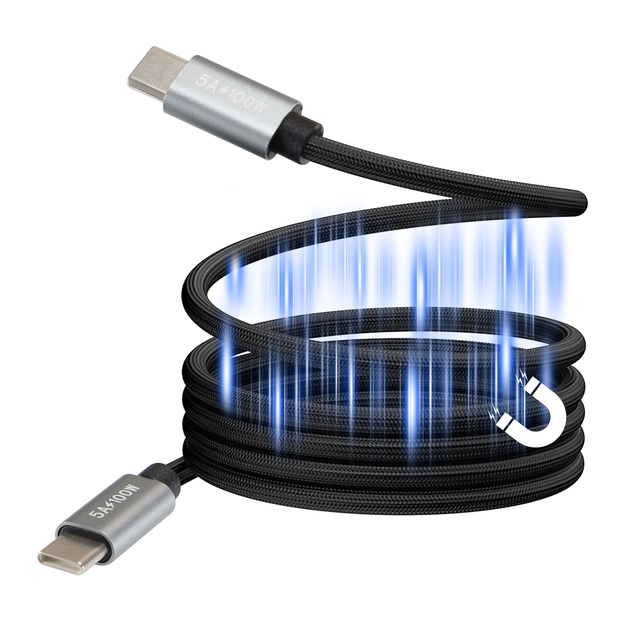 QC Rohs 20V 5A100W Magnetic Self-Winding USB C to USB C Cable Type-c Fast Charging Data Cord for Phone Laptop Car Accessories