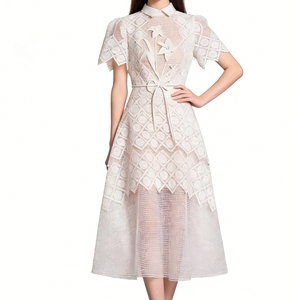 Vestido Midi de Encaje Geométrico para Mujer - Vestidos Formales con Cuello y Apliques Florales en 3D, Moda Femenina - Product Image 5