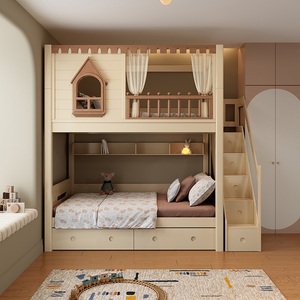 Lit superposé en bois massif JS Modern Kids House avec toboggan, armoire avec rangement et bibliothèque intégrée, tiroirs pour <span class=keywords><strong>chambre</strong></span> d'enfant - Product Image 5