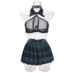 Conjunto de Lencería Sexy para Mujer, Disfraz de Colegiala, Top de Malla Transparente con Cuello Halter, Falda Plisada Verde a Cuadros, Cosplay - Product Image 5