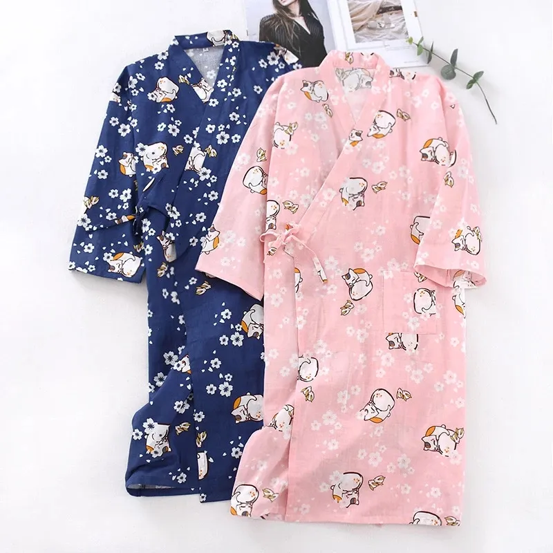 Chemise de nuit pour femmes, tenue de SPA yukata, pyjama long, style japonais, kimono, été, en gaze, 100% coton