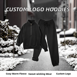 Sudadera corta deportiva para mujer con logo personalizado, 100% algodón transpirable, color liso, para exteriores, con media cremallera y cuello alto de forro polar - Product Image 2
