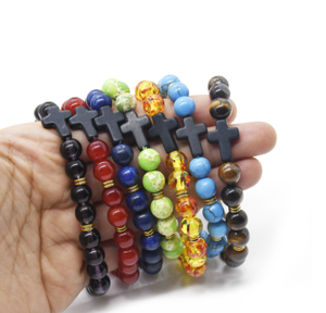 สร้อยข้อมือหินลาวาเทอร์ควอยซ์สำหรับผู้ชายและผู้หญิง,สร้อยข้อมือหินเทอร์ควอยซ์ไม้กางเขนเหรียญสร้อยประคำพระเยซูเครื่องประดับทางศาสนา - Product Image 1