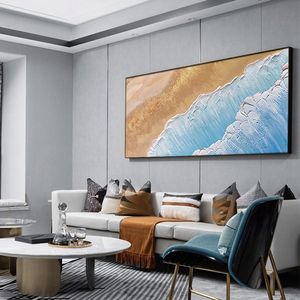 Pintura abstracta de paisaje de mar, hermoso paisaje pintado a mano de arena dorada y olas azules del océano, 100% - Product Image 2