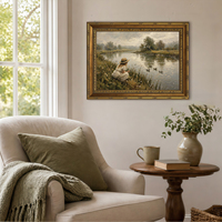 Décoration Murale pour la Maison : Tableau sur Toile Encadré, Paysage Pastoral Orné Vintage, Fille Pêcheuse au Bord du Lac, Art Mural OEM ODM