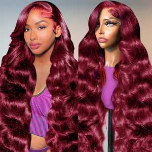 Pre Plucked 99j Burgundy Red Wine Glueless Human Hair 13x4 <b>HD</b> Transparent Body Wave <b>Lace</b> Front Human Hair <b>Wigs</b> for Women - Product Image 1