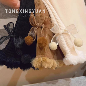 Tongxingyuan Girls Knitted Wide Leg Pants With Bow And Lace Trim Winter Casual Pants For Children Solid Color Cotton Fabric - Product Image 3