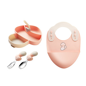 可爱蘑菇形环保食品级硅胶4件套婴儿餐盘，带勺叉吸管吸盘 - Product Image 5