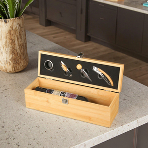 Juego de caja de bambú de 4 piezas con logotipo personalizado, cuchillo de caballito de mar, abrebotellas, cortador de papel, dispensador, tapón de vacío, juego de tornillos de corcho para vino tinto - Product Image 1