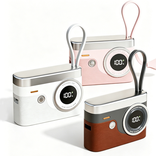 Compact Portable 10000mAh 22.5W Retro Camera Design Power Bank with Built in Dual Fast Charging Cables and Lanyard