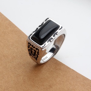 Bijoux turcs en Zircon noir pour hommes, bague en cristal pierre d'agate, argent légère, style Vintage, tendance - Product Image 4