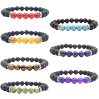 Bracelet Perlé en Pierre Naturelle Œil de Tigre et Turquoise Verte, Bracelet Élastique Diffuseur de Chakra en Pierre de Lave