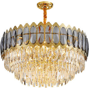 Lámpara de techo de oro cepillado Sala de estar Candelabros de cristal K9 gris humo de lujo modernos - Product Image 2