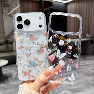 Funda transparente de resina epoxi con purpurina floral para iPhone 17 16 15, antichoque, protectora trasera - Product Image 5