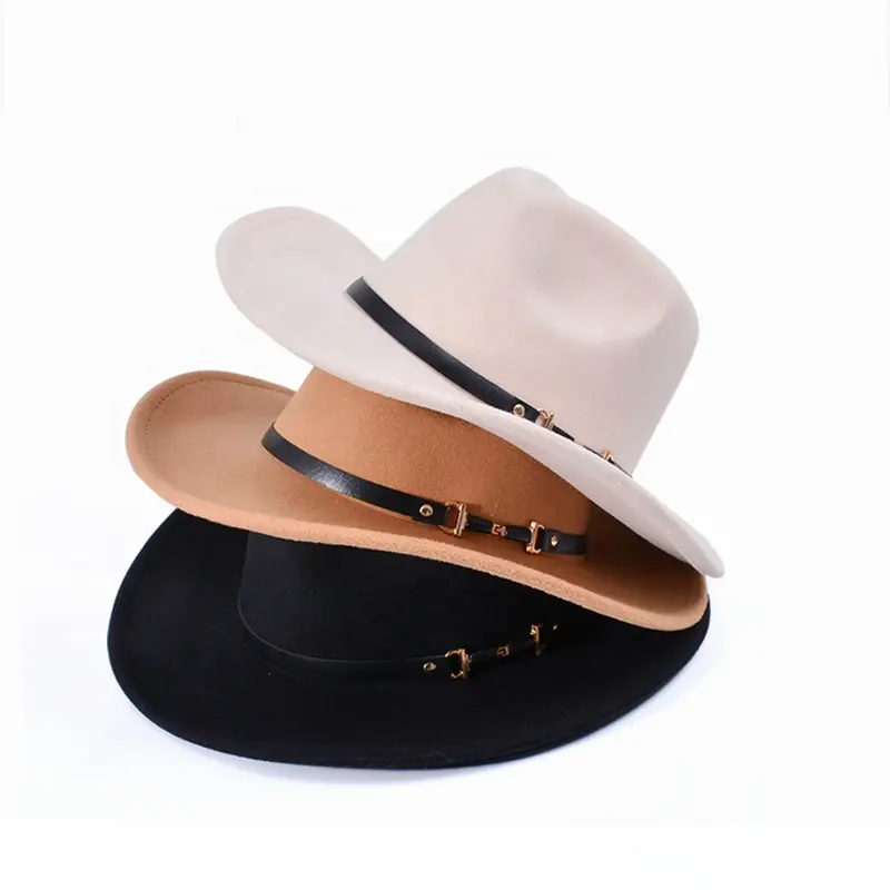 Erkekler kadınlar için klasik Vintage batı kovboy şapkası geniş ağız kemer toka ile Panama Fedora şapka Outback Cowgirl caz şapka hissettim