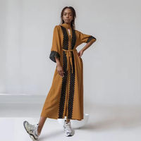 Abaya pour femmes musulmanes à bordures contrastées, robe longue à manches longues et devant ouvert, ceinturée, style Kaftan islamique de Dubaï, robe de prière décontractée