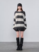 Pull-over ample à col rond pour femme en cachemire pur à 100 %, rayé, vintage, avec ourlet et poignets côtelés, chaud et doux pour l'hiver