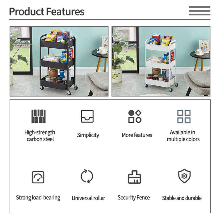 Easy Assemble Storage Trolley Carts With 2 Curved Handles