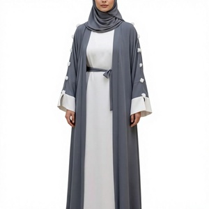Nouvelle arrivée, robe Abaya en polyester gris de luxe, ouverte sur le devant, robes musulmanes pour femmes, robe élégante longue jusqu'au sol, col haut, robe ethnique, caftan - Product Image 1
