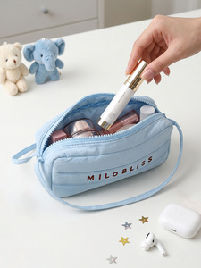 Pochette cosmétique bleu clair avec fermeture éclair, trousse de maquillage portable pour étudiants et voyages - Product Image 1