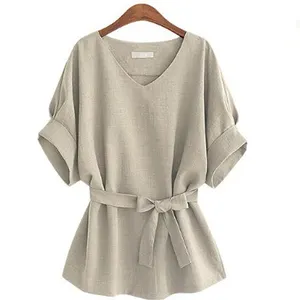 high qual Women Blouses Linen Tunic Shirt V Neck Big Bow Batwing Tie Loose Ladies Blouse Female Top For TopsSummer Women Blouses