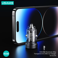 USAMS CC175 adaptor mobil 45W, desain transparan usb c ganda paduan aluminium transparan A + C pengisi daya mobil Mini untuk ponsel
