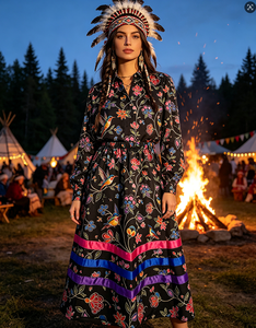 Falda Maxi de Mujer con Estampado Floral de Colibrí Estilo Vintage Canadiense, con Cintas de Colores y Volantes, Cintura Elástica, Venta al por Mayor, Ropa Casual Boho - Product Image 2
